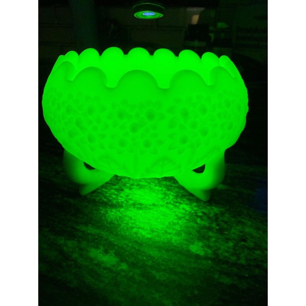 Vintage Fenton Forget-Me-Not Custard Uranium Glass Footed Bowl Satin Scalloped